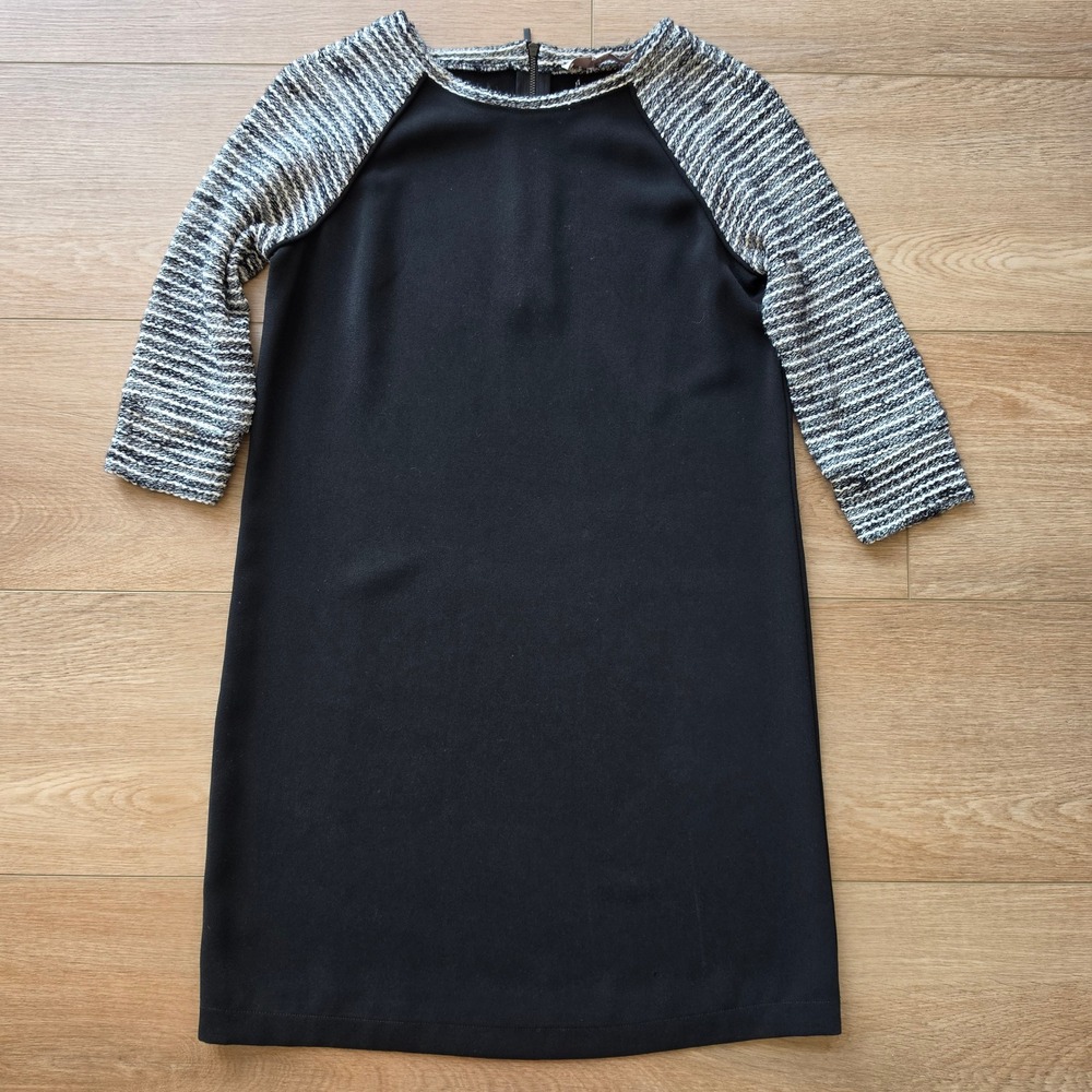 Ann Taylor LOFT Black Shift Dress Marled Knit Raglan Sleeve Exposed Zipper Sz 2